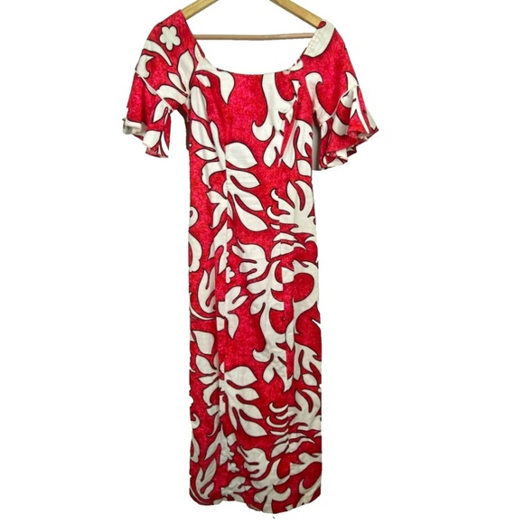 VTG Kimos Polynesian Shop Maxi Dress 8 Red Floral Flutter Sleeve Hawaiian Made - Picture 14 of 14